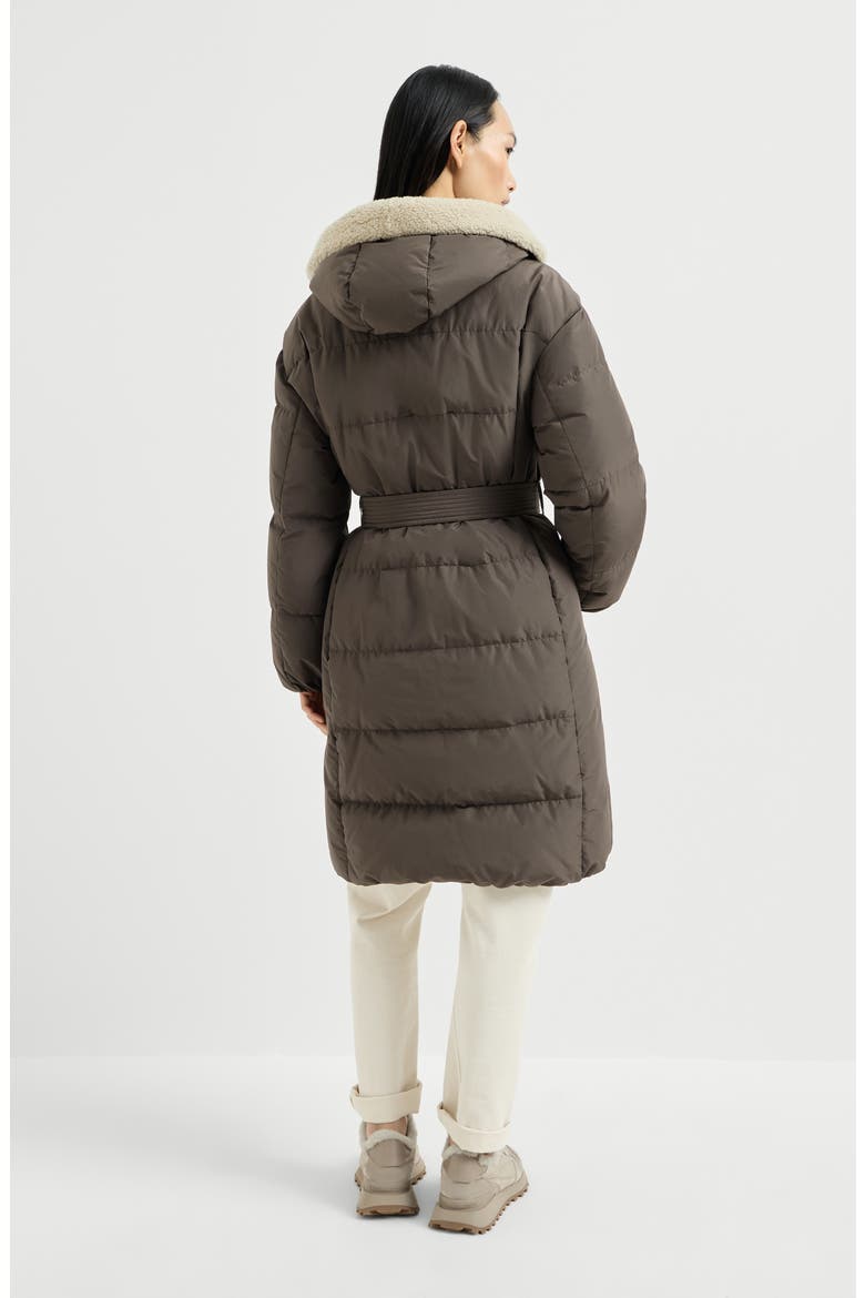 Techno cotton taffeta down coat with shearling inserts and shiny zipper pull, Alternate, color, Brown