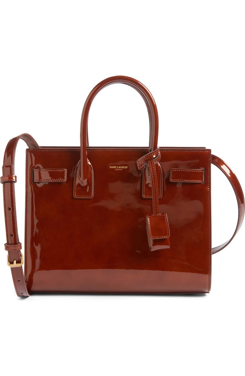 Saint Laurent Baby Sac de Jour Patent Leather Tote, Main, color, Chataigne