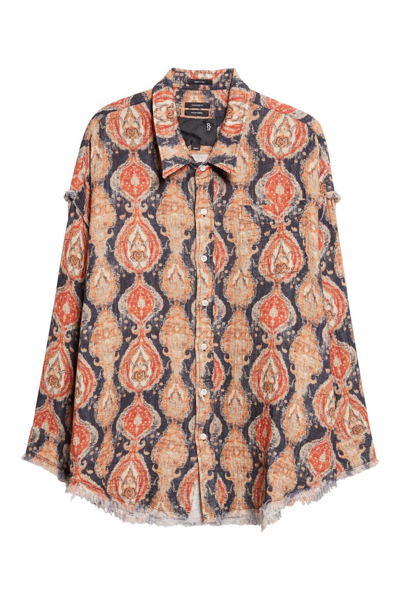 Shredded Seam Drop Neck Cotton Gauze Button-Up Shirt, Alternate, color, ORANGE DARK NAVY MULTICOLOR