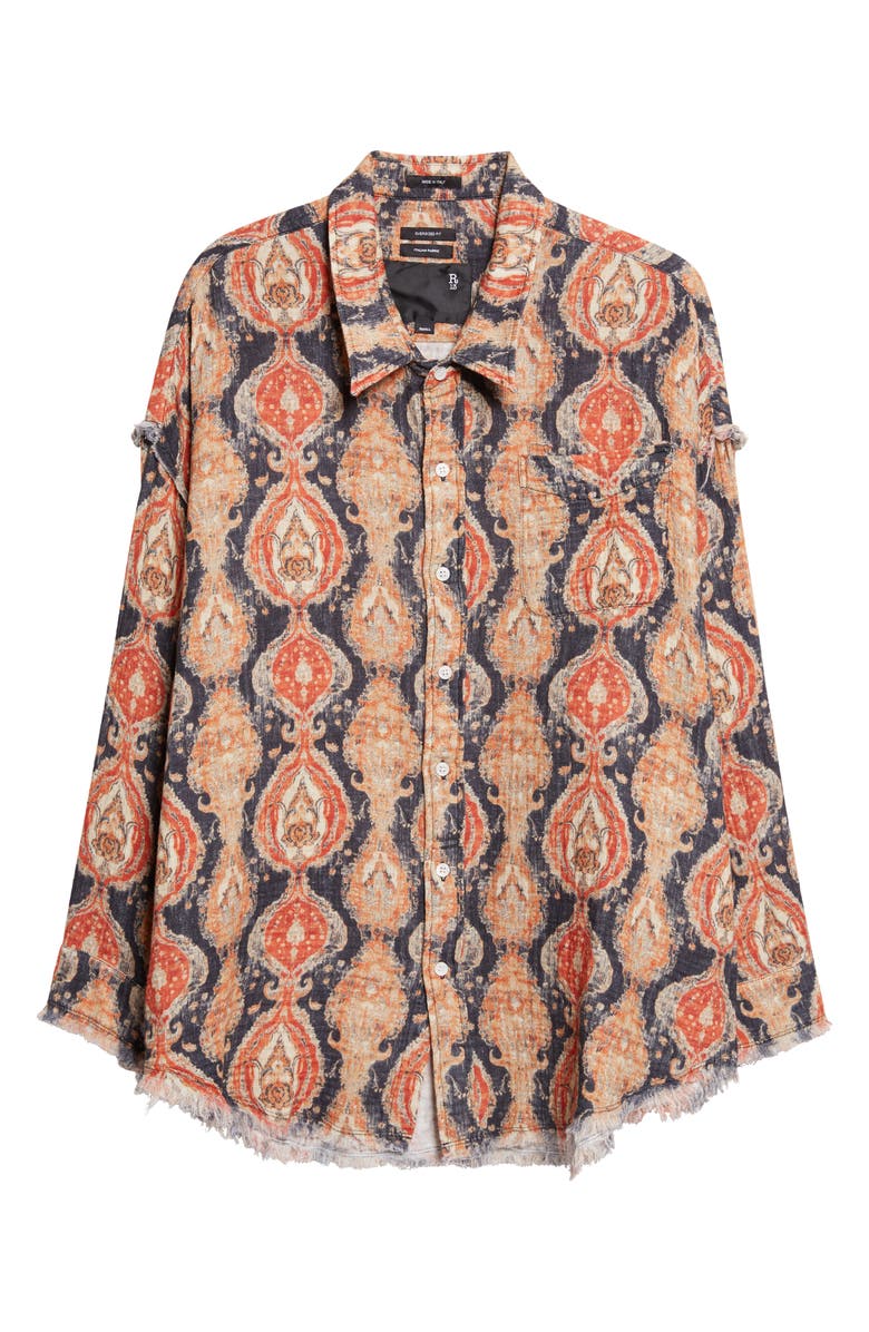 R13 Shredded Seam Drop Neck Cotton Gauze Button-Up Shirt, Main, color, Orange Dark Navy Multicolor