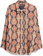 R13 Shredded Seam Drop Neck Cotton Gauze Button-Up Shirt