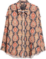 R13 Shredded Seam Drop Neck Cotton Gauze Button-Up Shirt