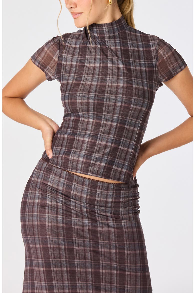 Baila Plaid Mesh Mock Neck Top, Alternate, color, BROWN BLUE PLAID