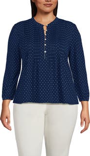 Lands' End Plus Size Lightweight Jersey Button Pintuck Top