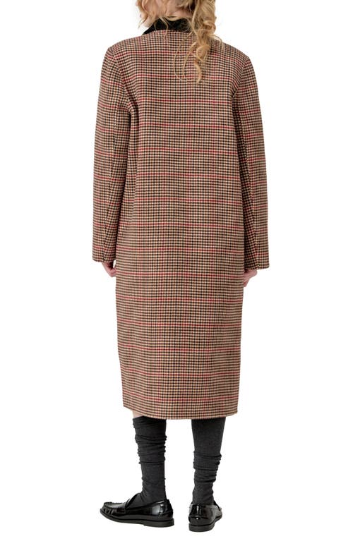 English Factory Houndstooth Check Contrast Wool Blend Coat In Brown