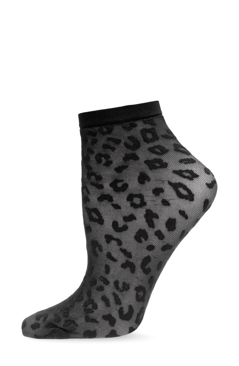 MeMoi Leopard Print Sheer Ankle Socks, Main, color, Black