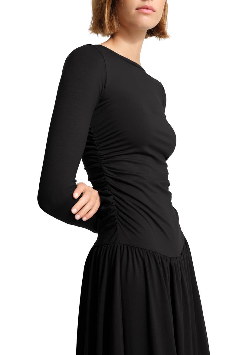 Lumi Ruched Drop Waist Midi Dress, Alternate, color, BLACK