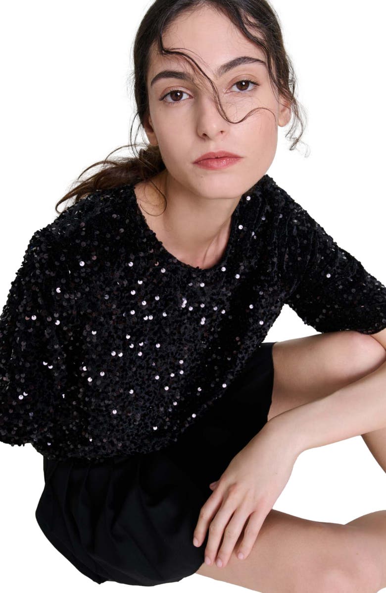 maje Sequinned velvet top, Alternate, color, Black