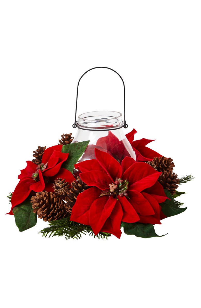 NEARLY NATURAL Poinsettia Pine & Pinecone Candelabrum, Main, color, Red