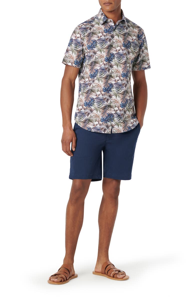 Bugatchi Orson Shaped Fit Frond Print Stretch Cotton Camp Shirt, Alternate, color, Khaki