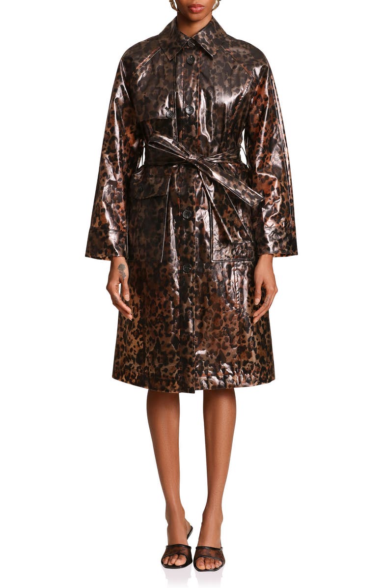 Avec Les Filles Belted Water Repellent Raincoat, Main, color, Leopard