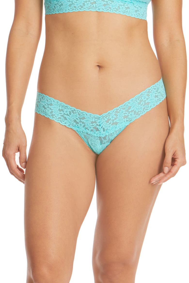 'Signature Lace' Low Rise Thong, Main, color, BRIGHT AQUA BLUE