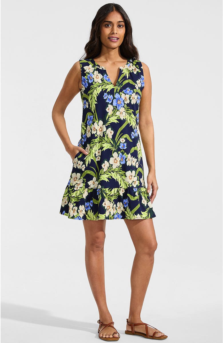 Lands' End Sleeveless Cotton Jersey Notch Neck Flounce Dress, Main, color, Deep Sea/Blue Floral Tropic