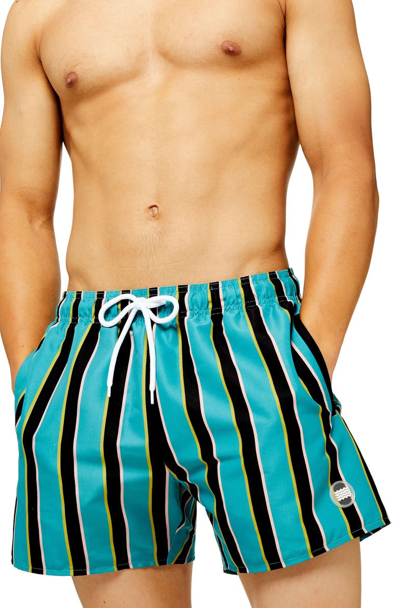 Topman Classic Fit Block Stripe Swim Trunks, Main, color, 