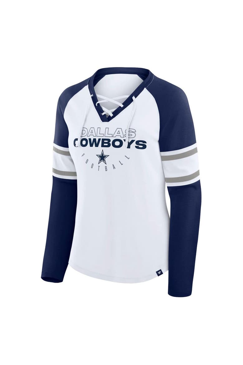 Women's Fanatics White/Navy Dallas Cowboys Redzone Blitz Package Raglan Lace-Up V-Neck Long Sleeve T-Shirt, Alternate, color, White