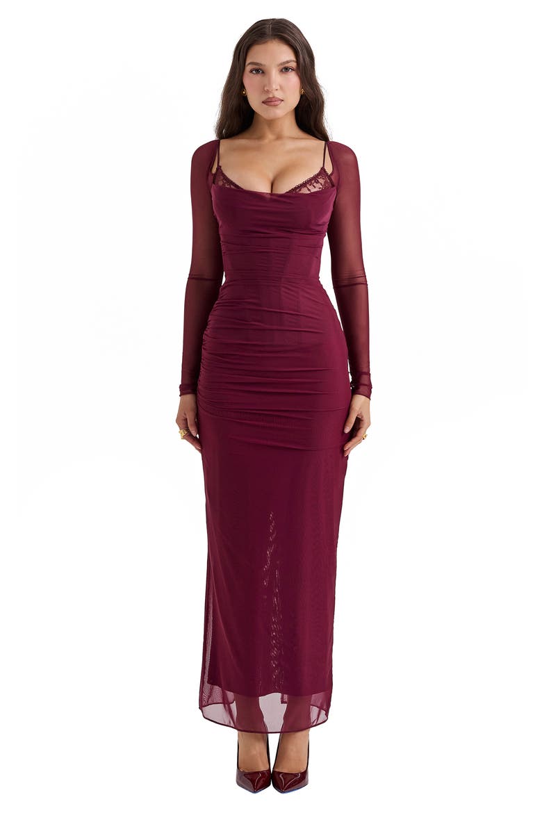 Katrina Lace Mesh Long Sleeve Gown, Alternate, color, WINDSOR WINE