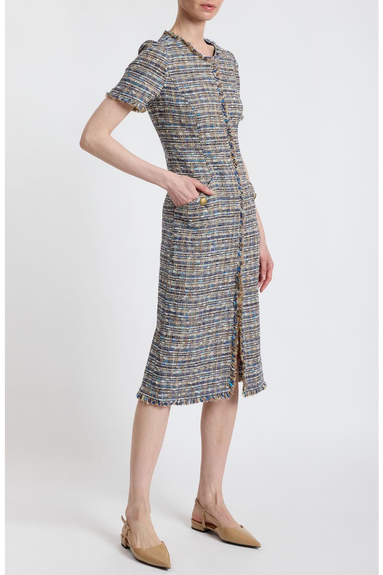 Nisha Short Sleeve Midi Sheath Tweed Dress, Alternate, color, Indigo