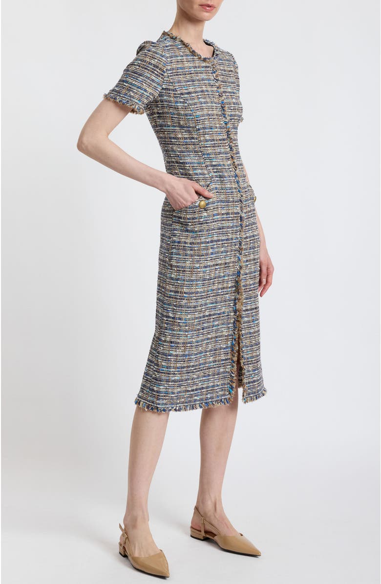 Santorelli Nisha Short Sleeve Midi Sheath Tweed Dress, Alternate, color, Indigo
