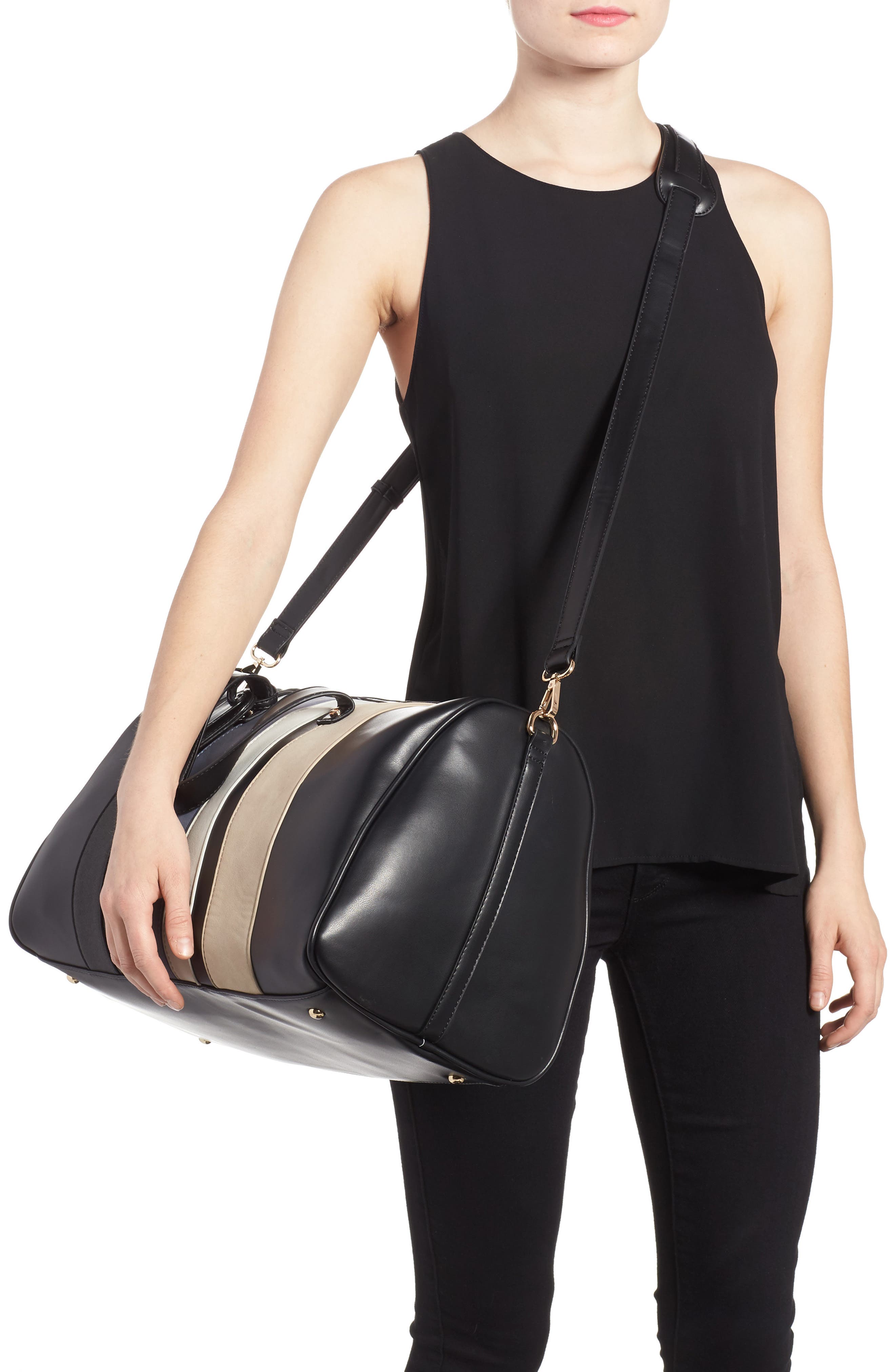BP. Stripe Faux Leather Duffel Bag, Alternate, color, 