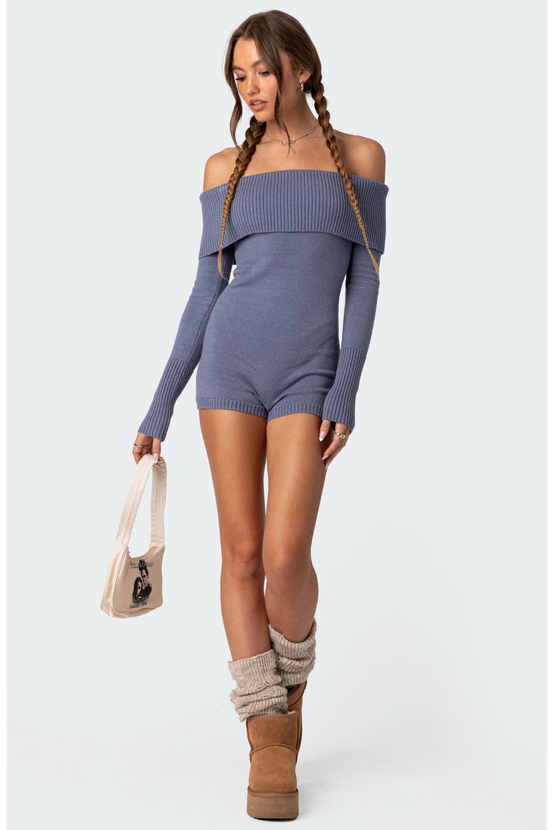 Pandorah Long Sleeve Off the Shoulder Knit Romper, Alternate, color, BLUE