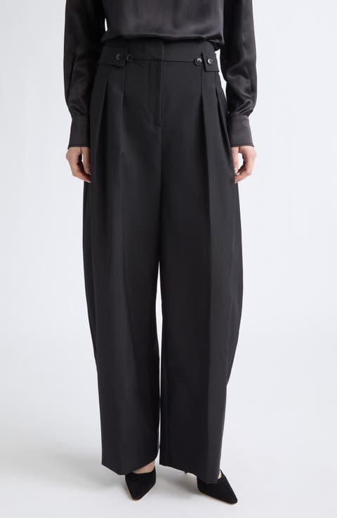 Pleat Front High Waist Tropical Wool Wide Leg Trousers