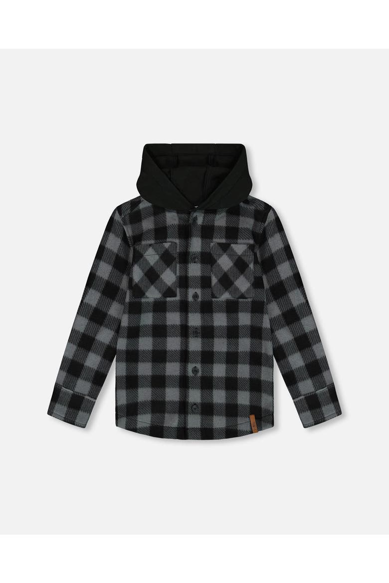 Boy's Polar Fleece Shirt With Hood Black Plaid, Main, color, Plaid Grey & Black