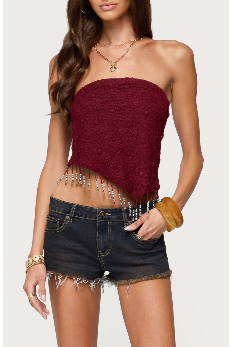 Lace Beaded Fringe Asymmetric Hem Tube Top, Main, color, BURGUNDY
