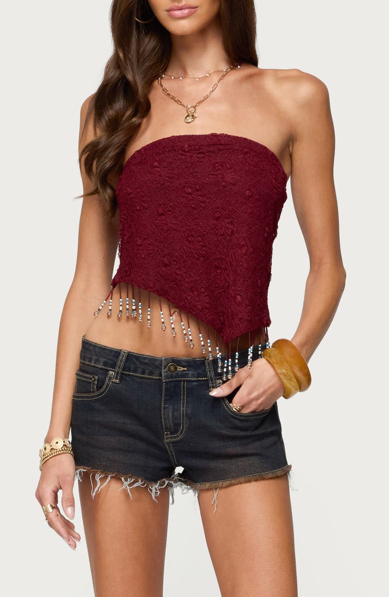 EDIKTED Lace Beaded Fringe Asymmetric Hem Tube Top, Main, color, Burgundy