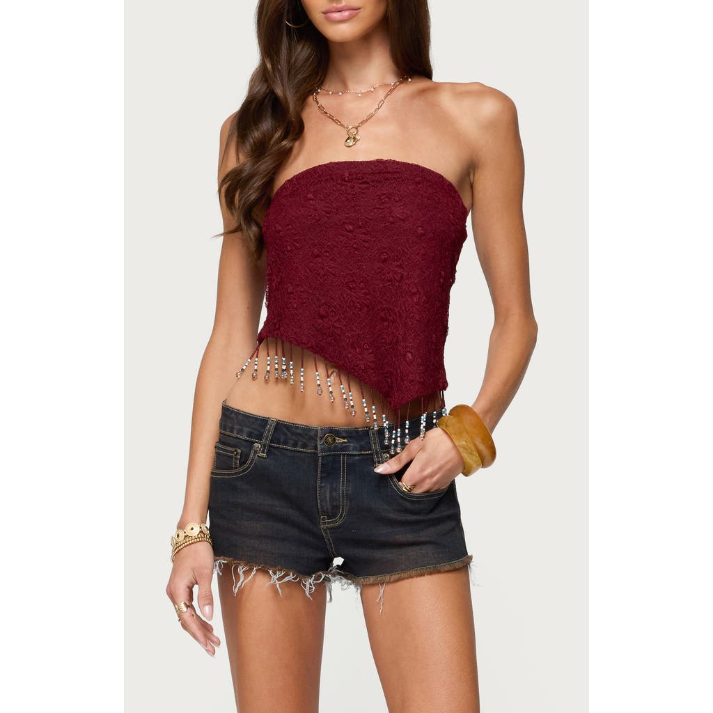EDIKTED Lace Beaded Fringe Asymmetric Hem Tube Top in Burgundy at Nordstrom, Size Medium