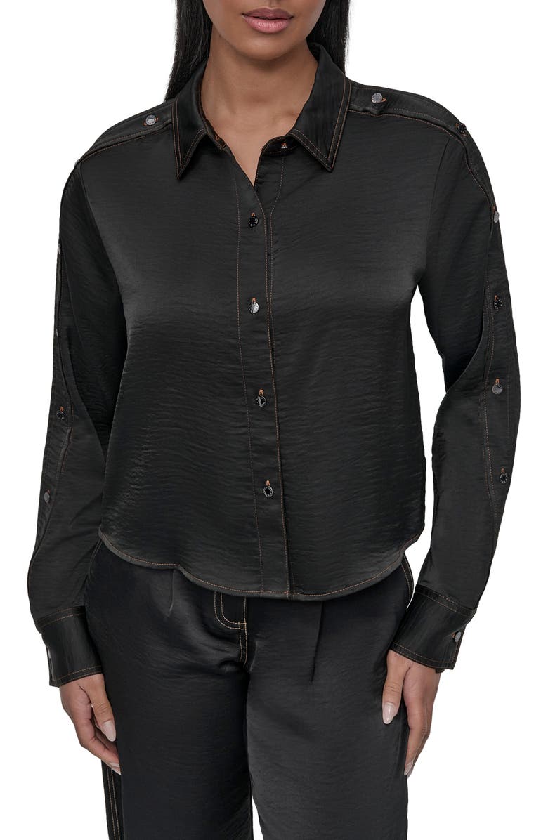 DKNY Glazed Crinkle Satin Button-Up Shirt, Main, color,