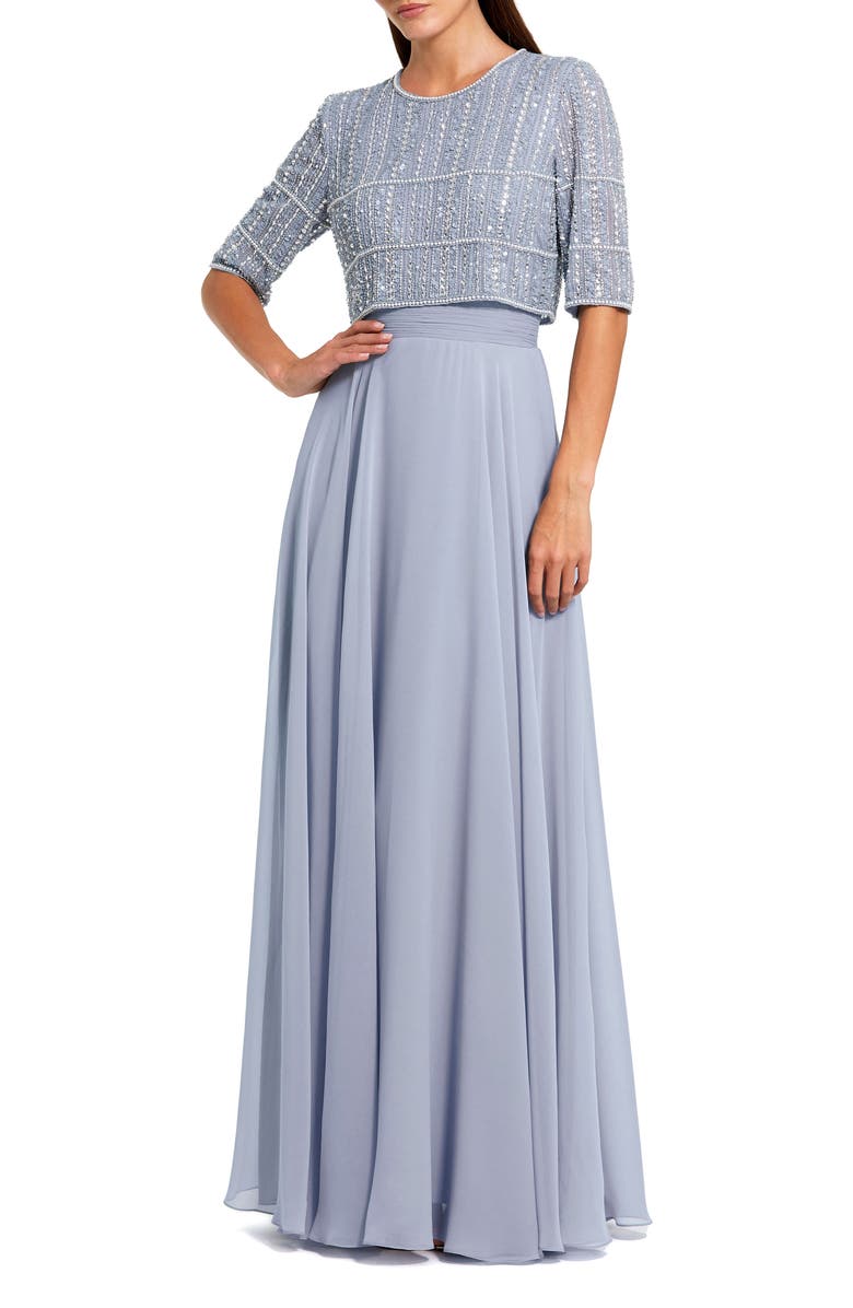 Mac Duggal Fully Beaded 3/4 Sleeves Top Chiffon Gown, Main, color, Powder Blue