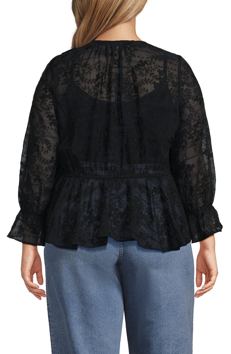 Lands' End Feminine Ruffle Chiffon V Neck Blouse, Alternate, color, Black