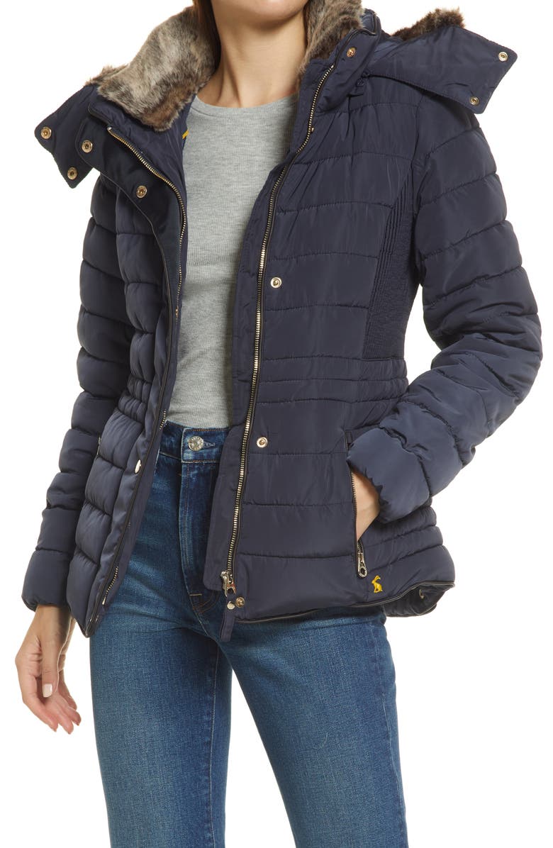 Joules Gosway Water Resistant Puffer Jacket with Removable Hood & Faux Fur Trim, Main, color, 