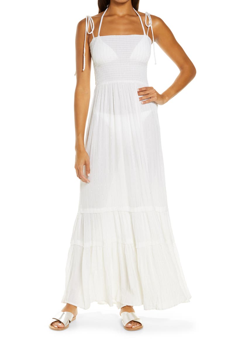 Smocked Tie Strap Tiered Cover-Up Dress, Main, color, WHITE