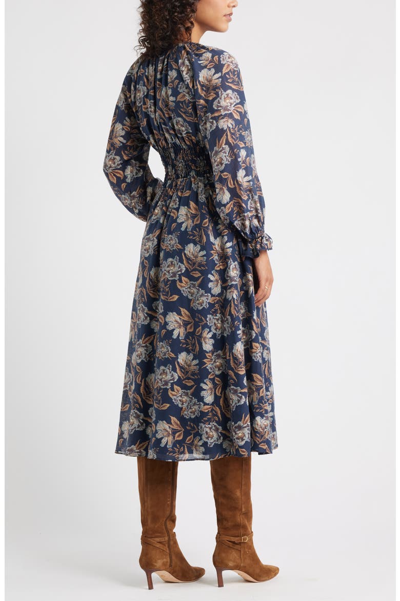 Long Sleeve Smocked Waist Midi Dress, Alternate, color, NAVY- GREEN FRANNIE FLORAL
