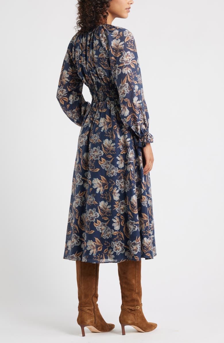 Chelsea28 Long Sleeve Smocked Waist Midi Dress, Alternate, color, Navy- Green Frannie Floral