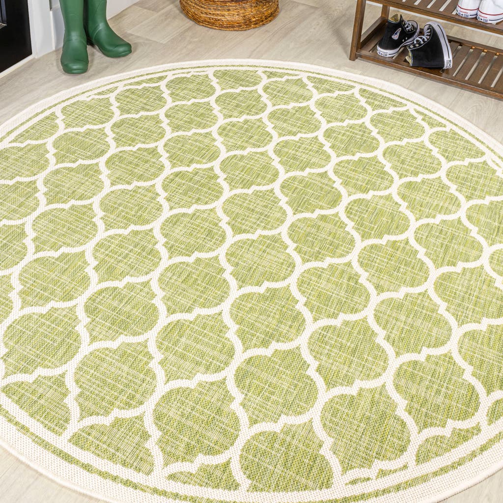 Jonathan Y Trebol Moroccan Trellis Textured Weave Indoor/outdoor Round Area Rug In Green/cream