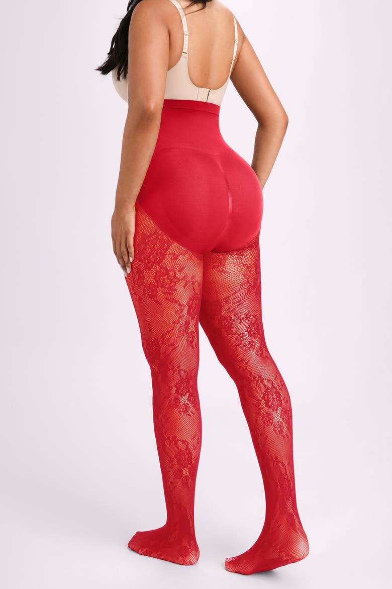 High Waist Floral Lace Tummy Smoothing Sheer Shaping Tights, Alternate, color, Red