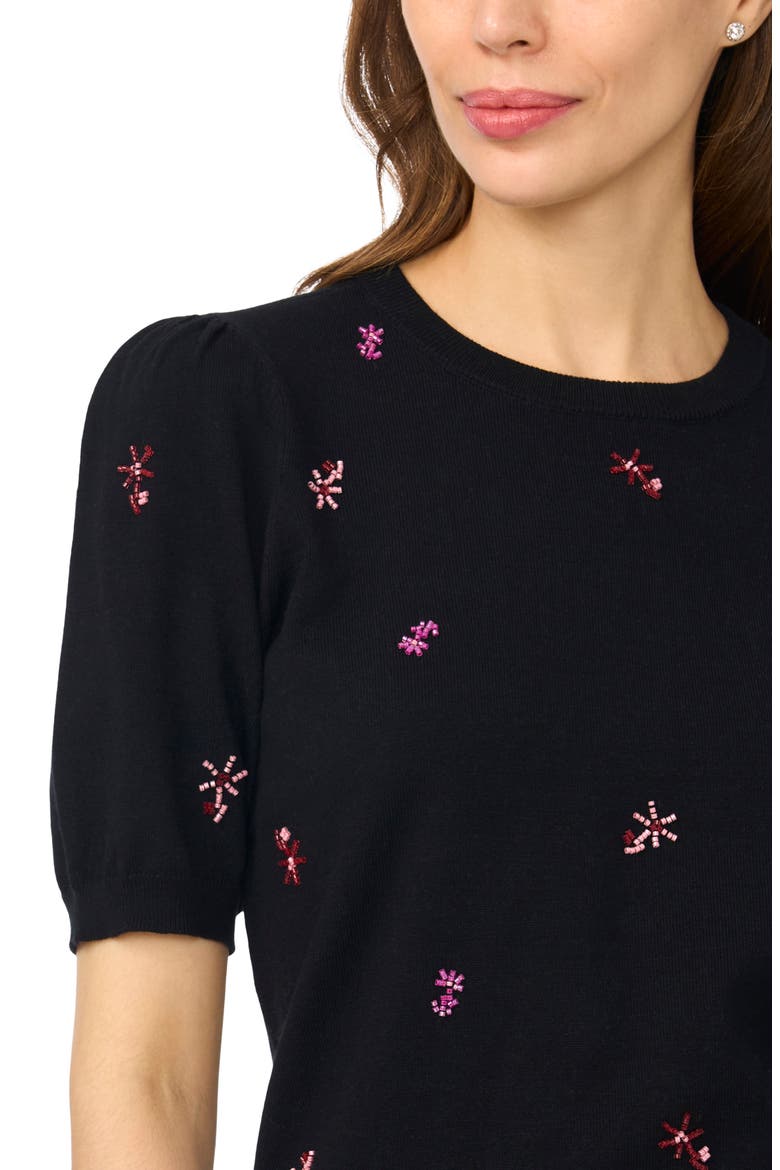 Beaded Short Sleeve Crewneck Sweater, Alternate, color, RICH BLACK