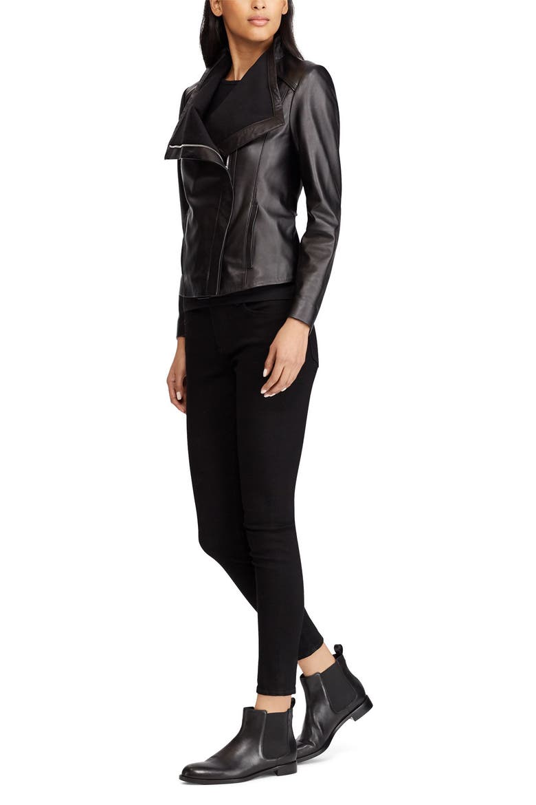 Drape Front Leather Moto Jacket, Alternate, color, BLACK