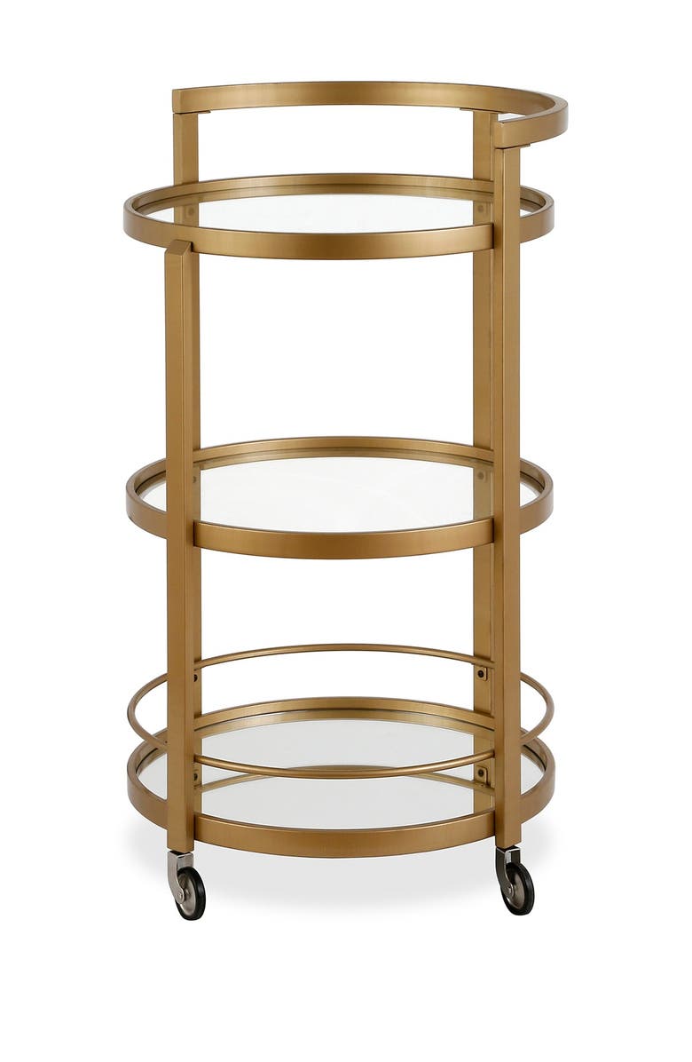 ADDISON AND LANE Hause Round Brass Finish Bar Cart with Mirrored Shelf, Main, color,