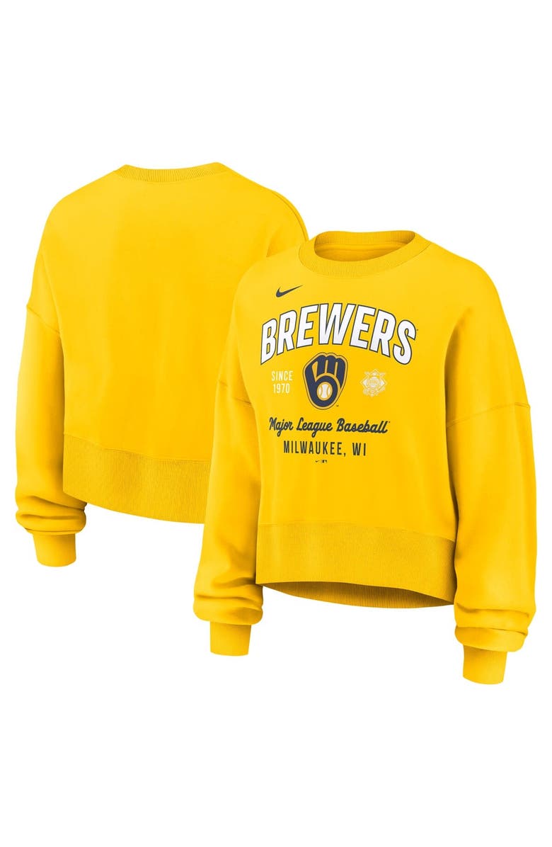 Nike Women's Nike Gold Milwaukee Brewers Oversized High Hip Pullover Sweatshirt, Main, color, 