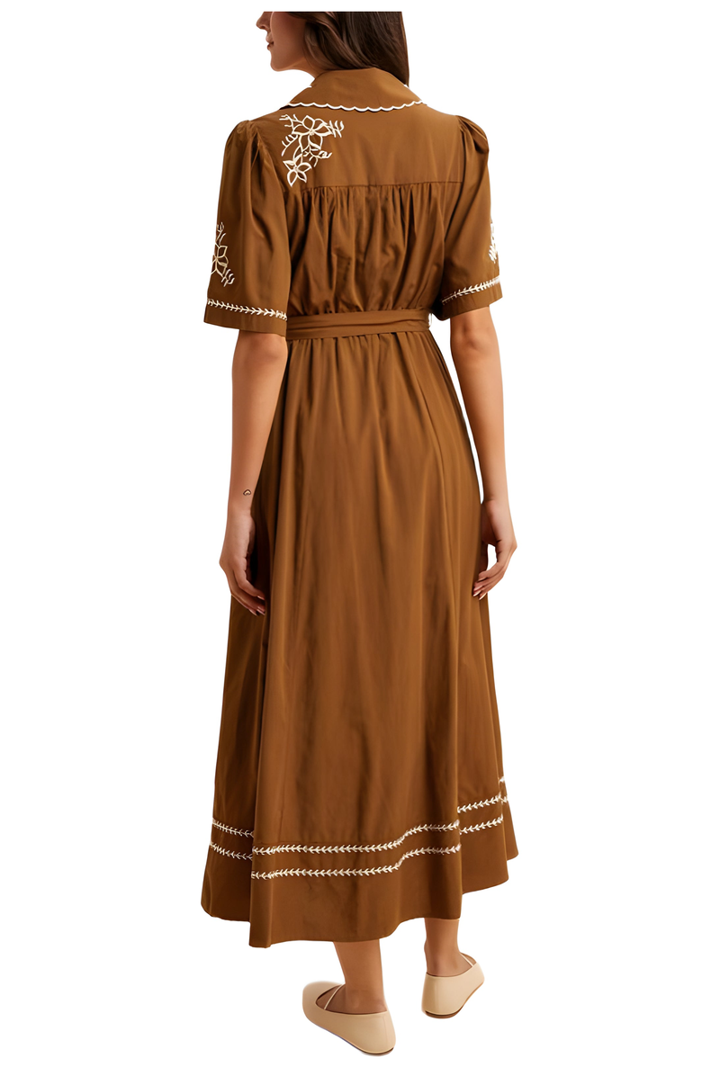 Knit and Lounge Button-Down Maxi Dress with Embroidery and Waist Tie, Alternate, color, Brown