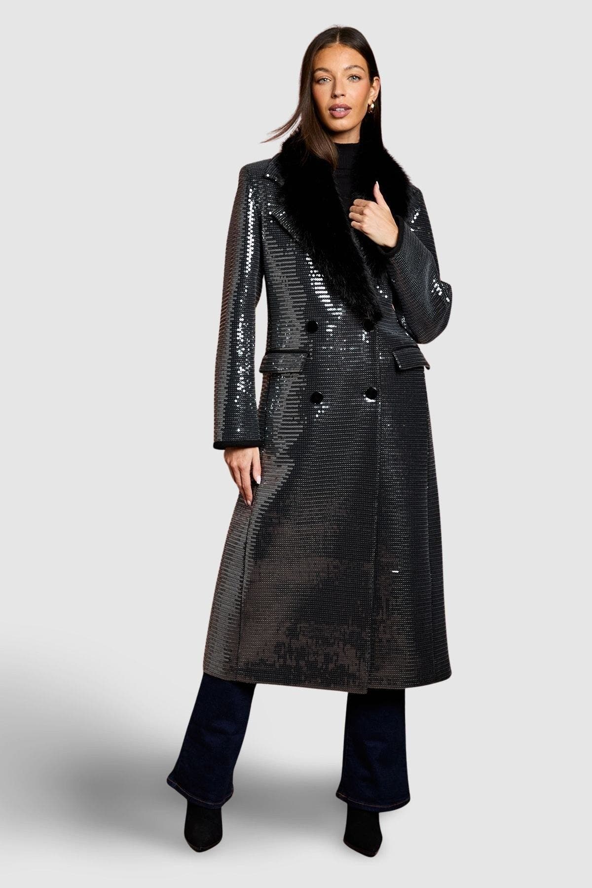 Faux Fur Collar Sequin Longline Coat
