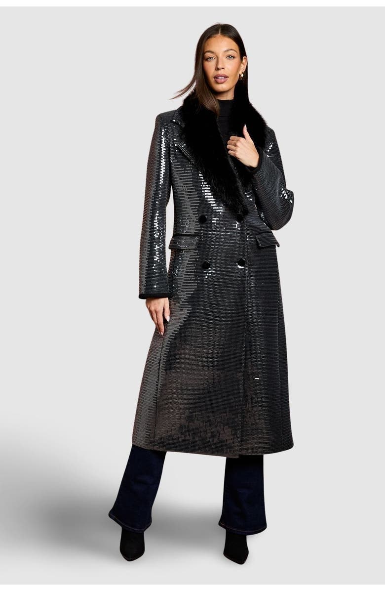 Coast Faux Fur Collar Sequin Longline Coat, Main, color, Black