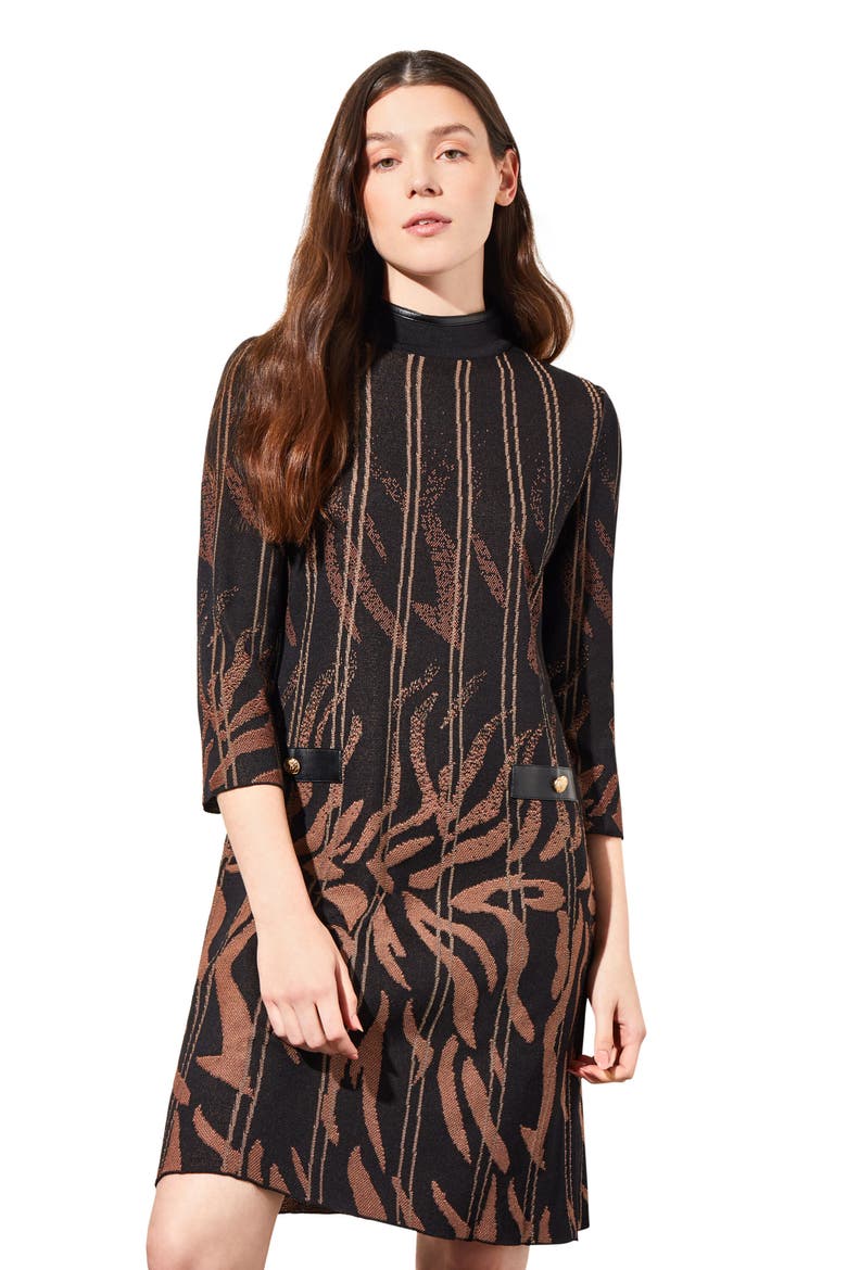 Faux Leather Trim Jacquard Sweater Dress, Alternate, color, BLACK/ CHESTNUT/ CAMEL
