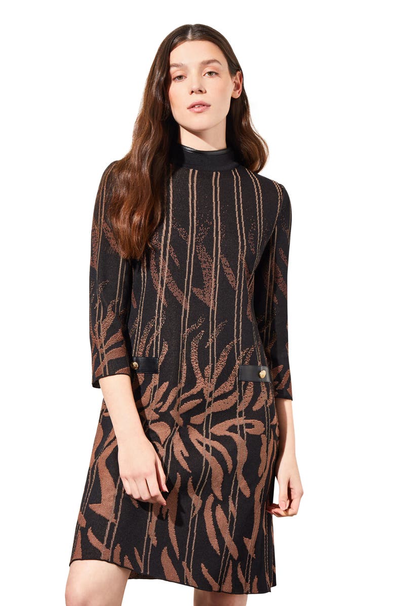 Ming Wang Faux Leather Trim Jacquard Sweater Dress, Alternate, color, Black/ Chestnut/ Camel