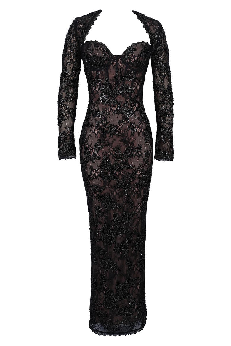 Lucelle Embellished Lace Maxi Dress, Alternate, color, BLACK