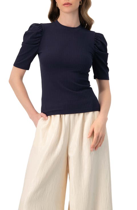 Puff Shoulder Ribbed-Knit T-shirt