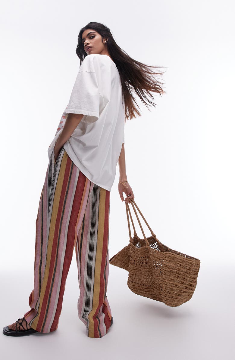 Topshop Stripe Linen Blend Wide Leg Pants, Alternate, color, Red Multi